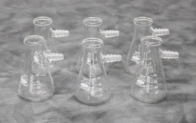 Lot of 6 VWR 10545-852 Heavy Wall Borosilicate Glass Filtering Flasks 50mL