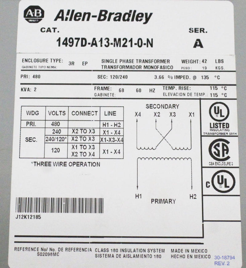 Allen-Bradley Cat.1497D-A13-M21-0-N Ser. A Single Phase Transformer w/Warranty
