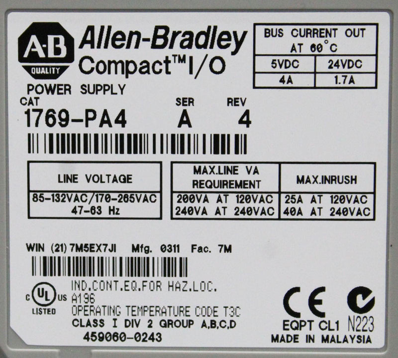 Allen-Bradley 1769-PA4 CompactLogix AC/DC Power Supply Module