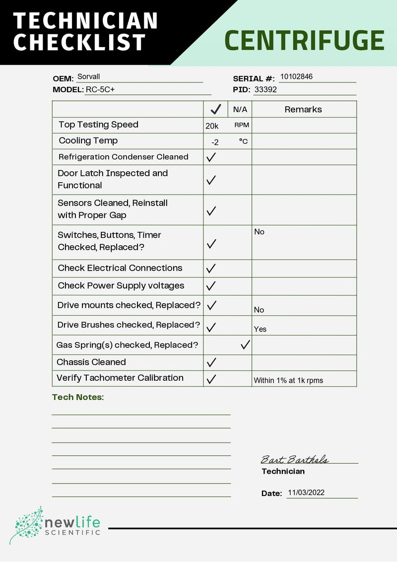 Kendro Sorvall RC-5C Plus Refrigerated Floor Centrifuge Checklist