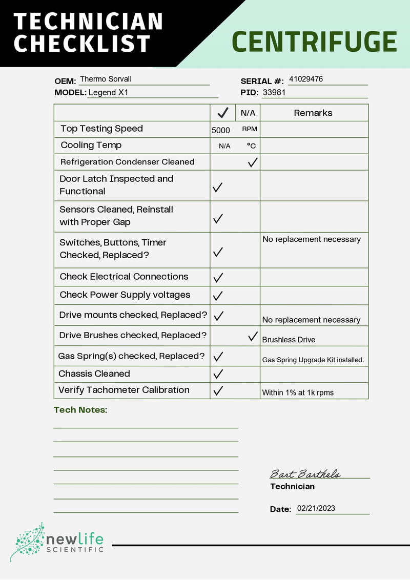 Thermo Sorvall Legend Multifuge X1 Benchtop Centrifuge Checklist