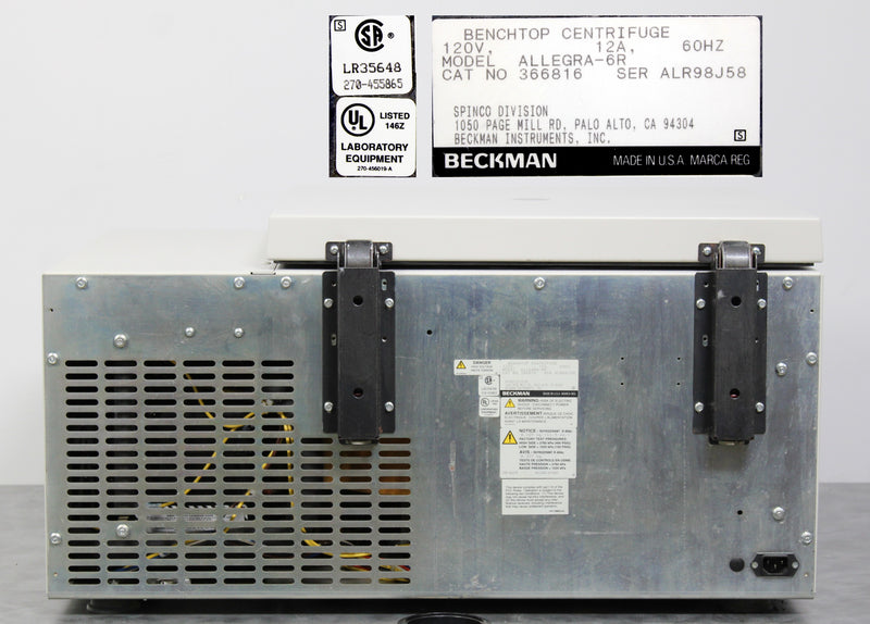 Beckman Coulter Allegra 6R Refrigerated Benchtop Centrifuge 366816 w/ GH-3.8 Rotor & Buckets