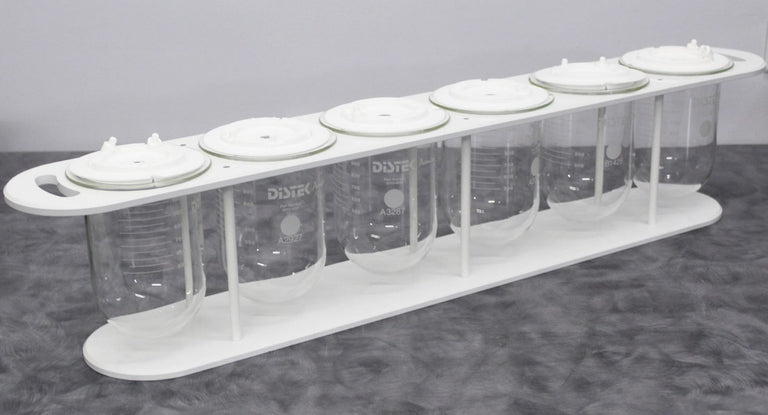 Distek 3010-0096 x6 Dissolution Vessels w/ Caps and Rack for Bathless Testing