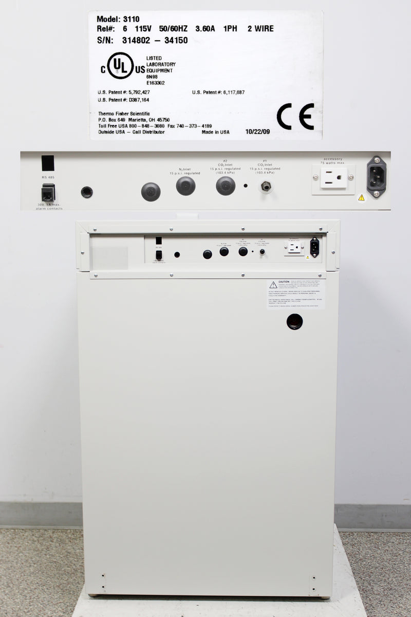 Thermo Scientific 3110 Forma Series II Water Jacket CO2 Incubator back panel, label with serial number and manufacture date