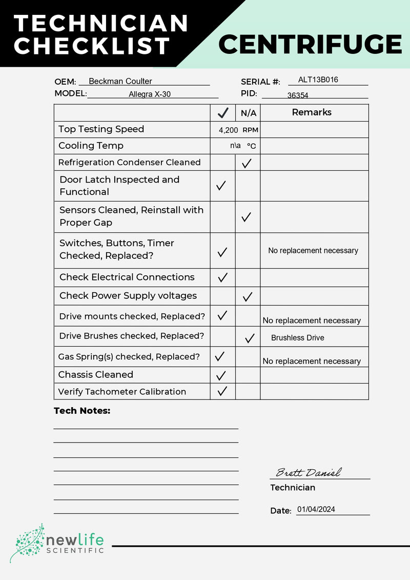 Beckman Coulter Allegra X-30 Benchtop Centrifuge Technician Checklist