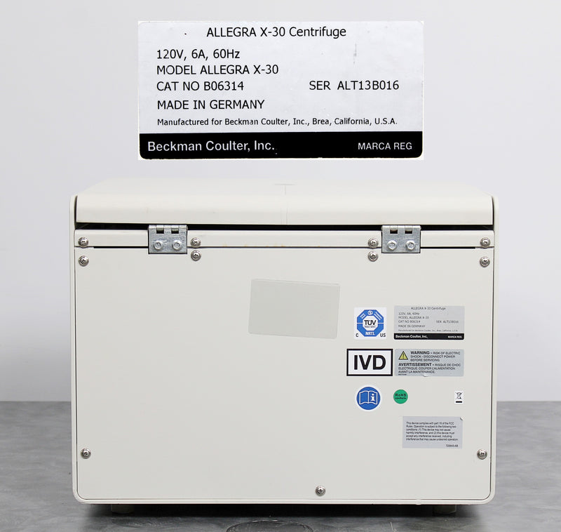 Beckman Coulter Allegra X-30 Benchtop Centrifuge Back Panel, Label with Serial Number