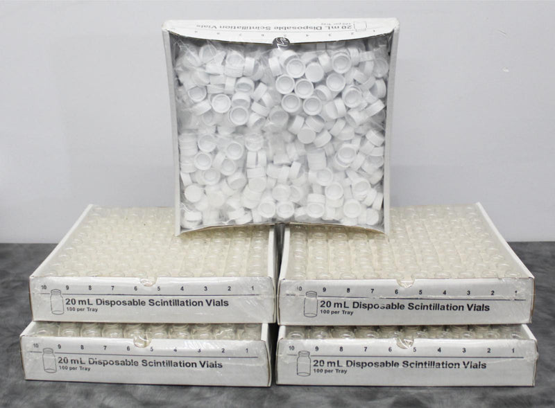 x4 Boxes Disposable Scintillation 20mL Vials 100ct. Each Box w/ x5 Bags of Caps