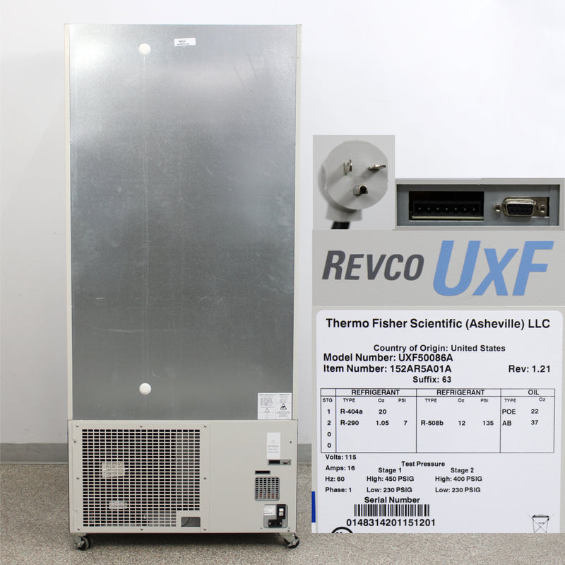 Thermo Revco UxF -86°C UXF50086A Upright ULT Freezer Back Panel - Name Plate with Serial Number and Voltage Requirements, Plug, Logo, Ports