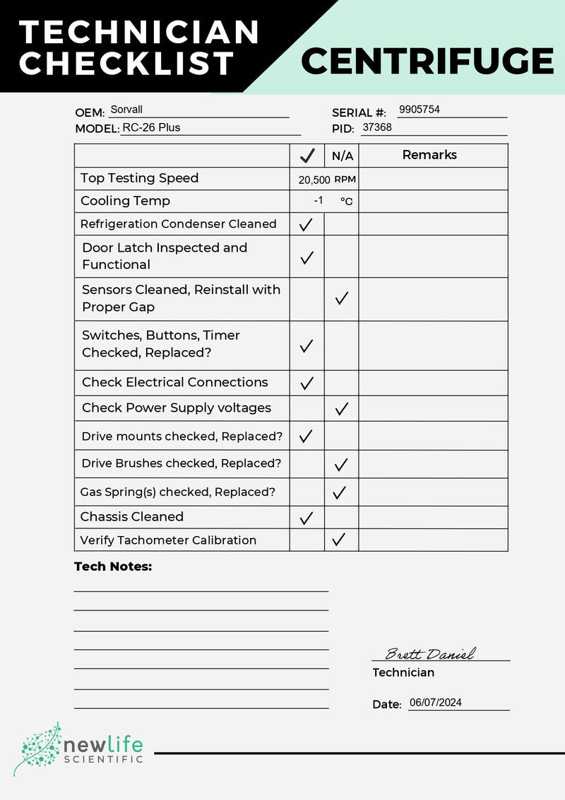 Kendro Sorvall RC-26 Plus Refrigerated Floor Centrifuge Checklist