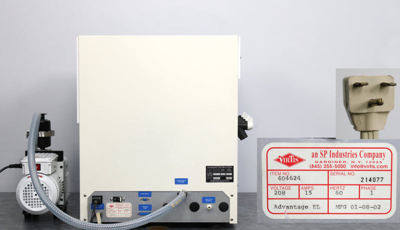 SP VirTis Advantage EL Benchtop Shelf Freeze Dryer Back Panel, Name Plate with Serial Number and Voltage Requirements, plug close up