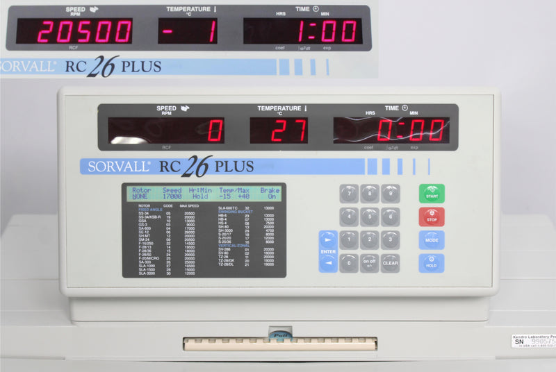 Kendro Sorvall RC-26 Plus Refrigerated Floor Centrifuge Control Panel and Screen