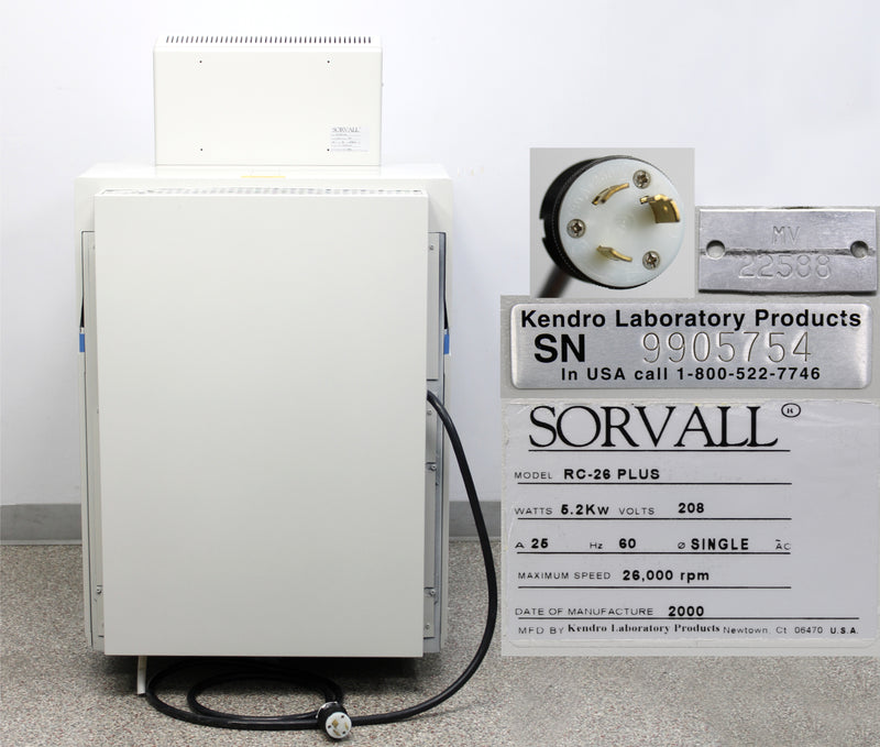 Kendro Sorvall RC-26 Plus Refrigerated Floor Centrifuge Back Panel, Name Plate with Serial Number and Voltage Requiremetns, Plug Close Up