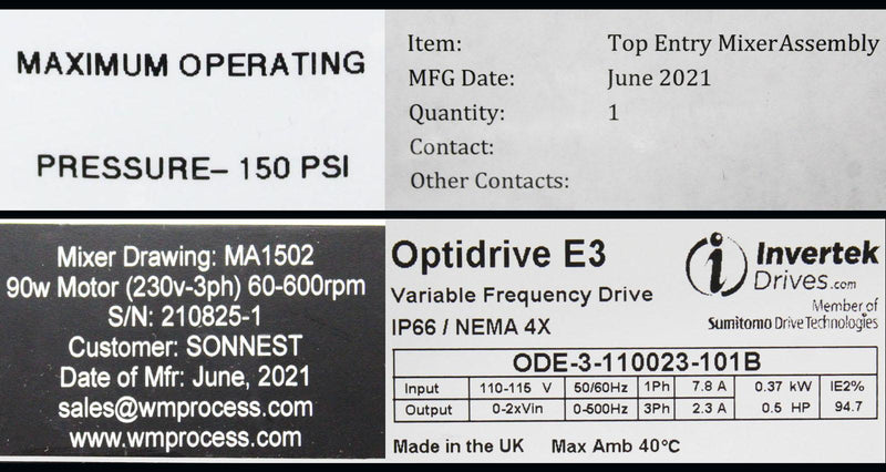 White Mountain Process Top Entry Mixer w/Invertek Optidrive E3 ODE-3-110023-101B