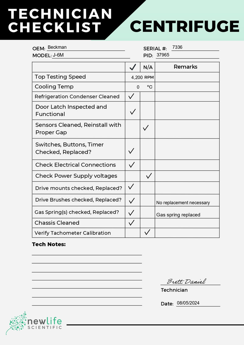 Beckman J6M ELUT Refrigerated Floor Centrifuge Checklist