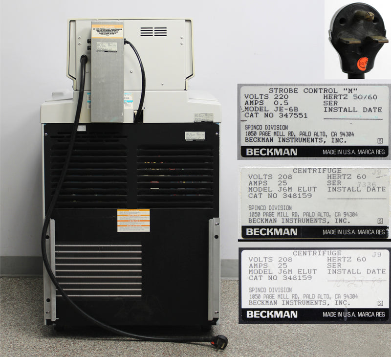 Beckman J6M ELUT Refrigerated Floor Centrifuge Back Panel, Name Plate with Serial Numbe, Voltage Requirements, and Strobe Control M requirements, Plug Close Up