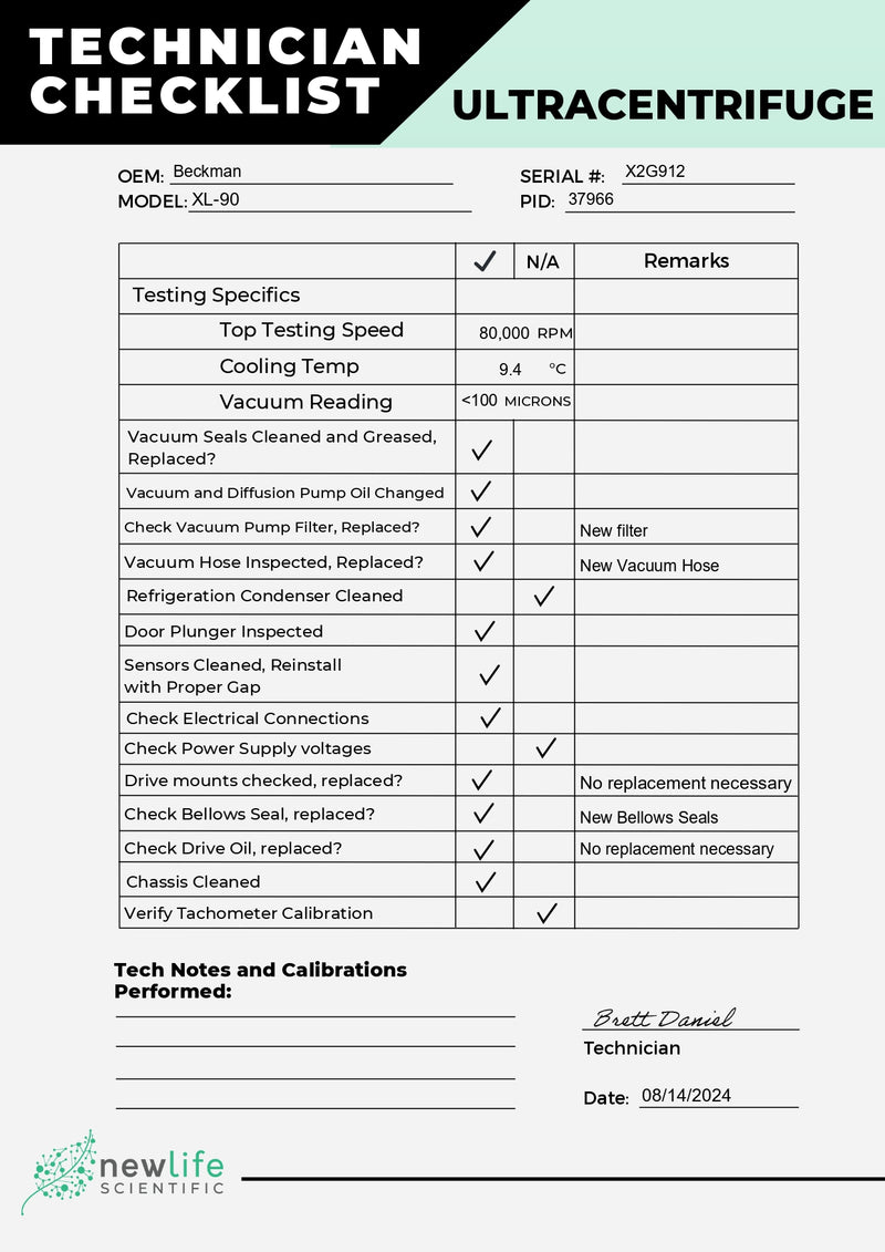 Beckman Optima XL-90 Refrigerated Floor Ultracentrifuge Checklist