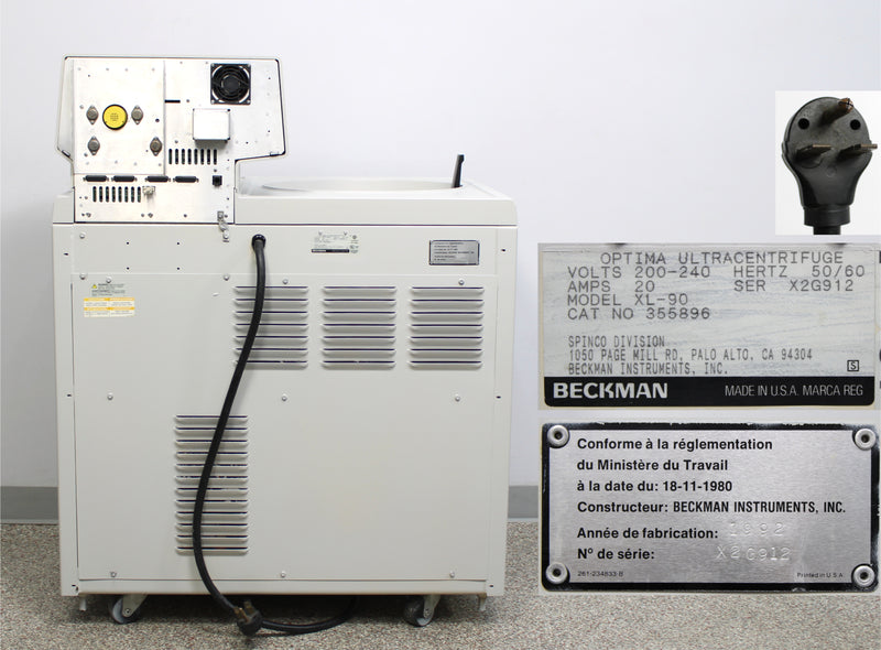 Beckman Optima XL-90 Refrigerated Floor Ultracentrifuge Back Panel, Name Plate with Serial Number and Voltage Requirements, Plug Close Up