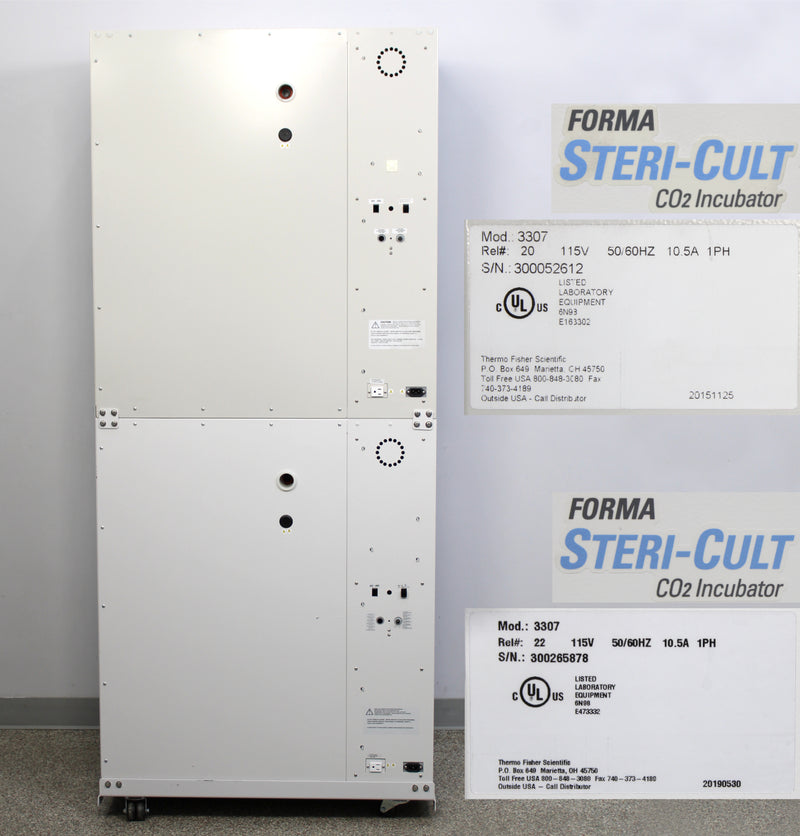 Thermo Scientific 3307 Forma Steri-Cult Double Stack CO2 Incubators Back Panels, Name Plates with Serial Numbers and Voltage Requirements, Logos