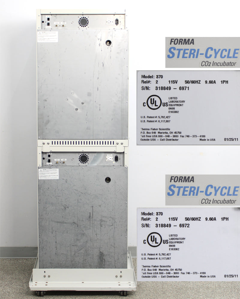 Thermo Scientific 370 Forma Steri-Cycle Double Stack CO2 Incubator Back Panel, Name Plates with Serial Numbers and Voltage Requirements, Logos