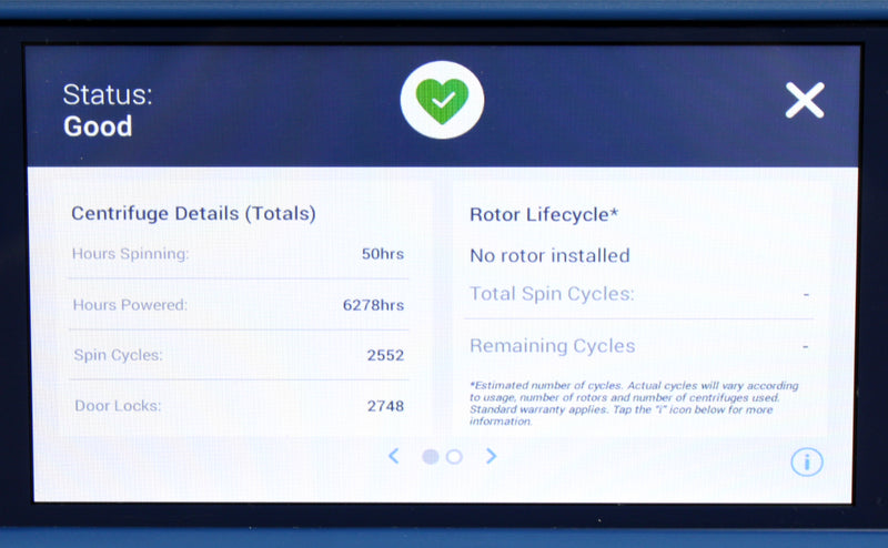 Thermo Scientific Sorvall X4 Pro-MD Benchtop Centrifuge Control Screen - Rotor Lifecycle and Centrifuge Details