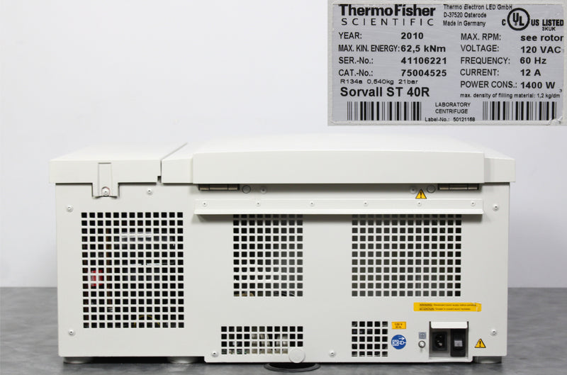 Thermo Scientific Sorvall ST40R Refrigerated Benchtop Centrifuge Back Panel, Name Plate with Serial Number and Voltage Requirements