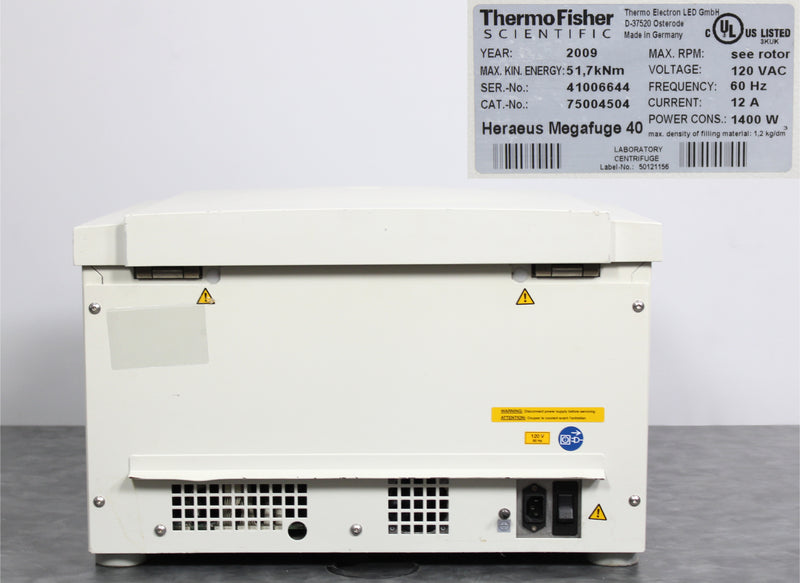 Thermo Scientific Heraeus Megafuge 40 Centrifuge Back Panel, Name Plate with Serial Number and Voltage Requirements