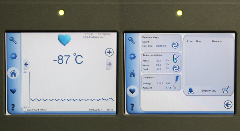 Thermo Scientific Revco UxF -86°C UXF50086A Upright ULT Ultra-Low Temperature Freezer Screen showing Door Openings History, Temp Excursions, and Conditions