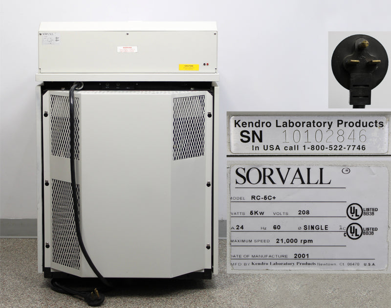 Kendro Sorvall RC-5C Plus Refrigerated Floor Centrifuge Back Panel, Name Plate with Serial Number and Voltage Requiremetns, Plug close Up