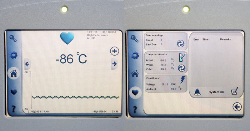 Thermo Scientific Forma 88000 Series 88600D -86°C Upright ULT Ultra-Low Temperature Freezer Screen showing Door Openings History, Temp Excursions, and Conditions