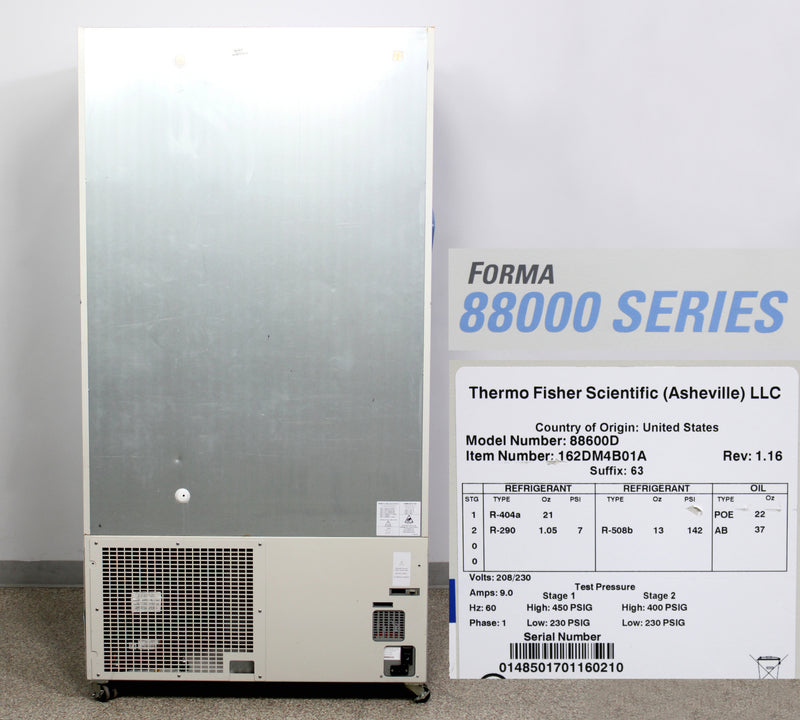 Thermo Scientific Forma 88000 Series 88600D -86°C Upright ULT Ultra-Low Temperature Freezer Back Panel, Logo, Name Plate with Serial Number, Refrigerant Types, and Voltage Requirements