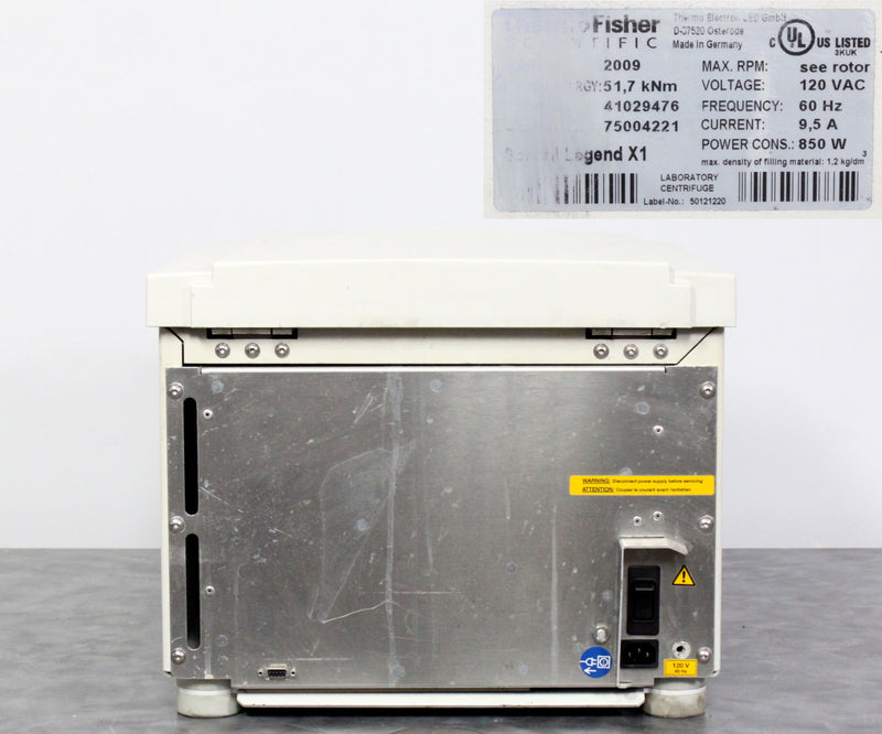 Thermo Sorvall Legend Multifuge X1 Benchtop Centrifuge Back Panel, Name Plate with Serial Number and Voltage Requirements