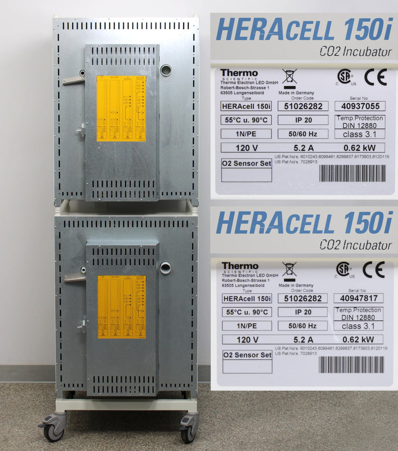 Thermo Scientific HERAcell 150i Stacked Stainless Steel CO2 Incubators Back Panel, Name Plates with Serial Numbers and Voltage Requirements, Logos