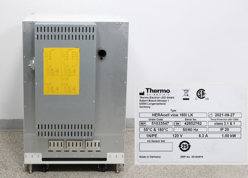 Thermo Scientific HERAcell vios 160i LK Stainless Steel CO2 Incubator Back Panel, Name Plate with Serial Number and Voltage Requirements