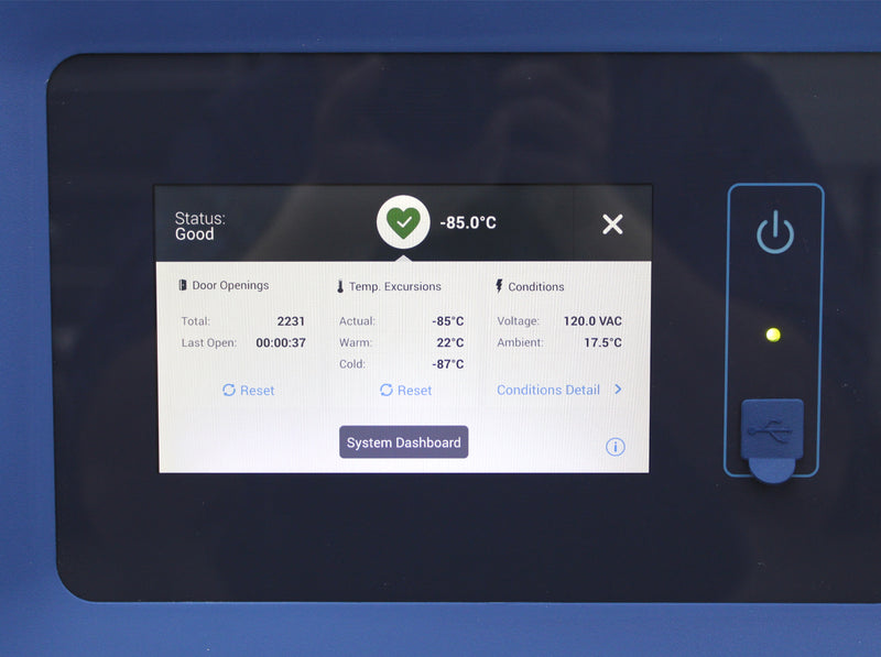 Thermo Scientific TSX Series TSX50086A -86°C Upright ULT Ultra-Low Temperature Freezer System Dashboard with Temperatures
