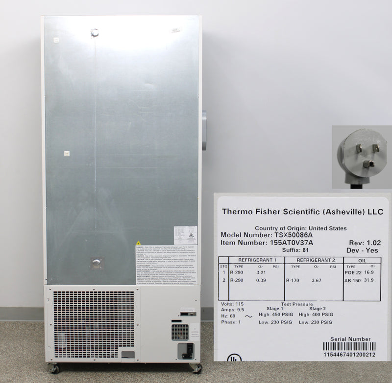 Thermo Scientific TSX Series TSX50086A -86°C Upright ULT Ultra-Low Temperature Freezer Back Panel, Name Plate with Serial Number, Refrigerant Types, and Voltage Requirements, Plug close up