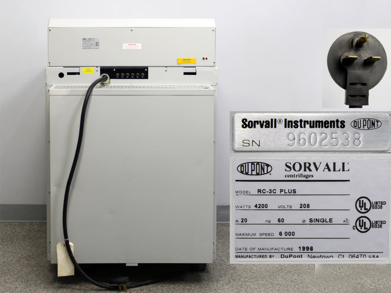 DuPont Sorvall RC-3C Plus High-Capacity Refrigerated Floor Centrifuge Back Panel, Name Plate with Serial Number and Voltage Requirements, Plug Close Up