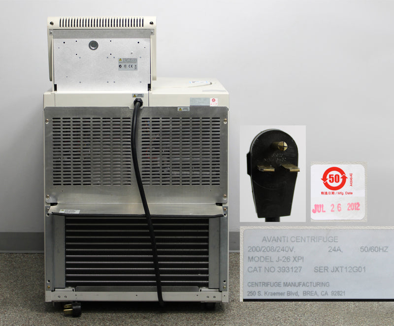 Beckman Coulter Avanti J-26 XPI Refrigerated Floor Centrifuge Back Panel, Label with Serial Number and Manufacture Date, Plug