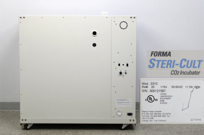 Thermo Scientific 3310 Forma Steri-Cult CO2 Incubator Back Panel, Name Plate with Serial Number and Voltage Requirements, Logo