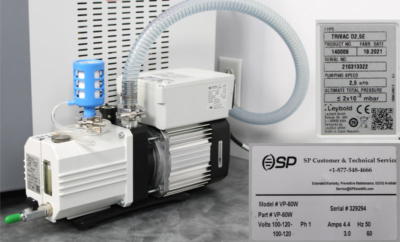 SP Scientific VirTis Benchtop Pro BTP-8ZGE0W -105°C Freeze Dryer Leybold Trivac D2.5E Vacuum Pump (140009) with VP-60W Name Plates with Serial Number, Voltage Requirements