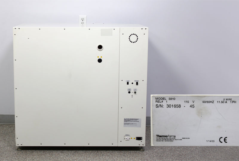 Thermo Forma 3310 Steri-Cult CO2 Incubator 323L Back Panel, Name Plate with Serial Number and Voltage Requirements