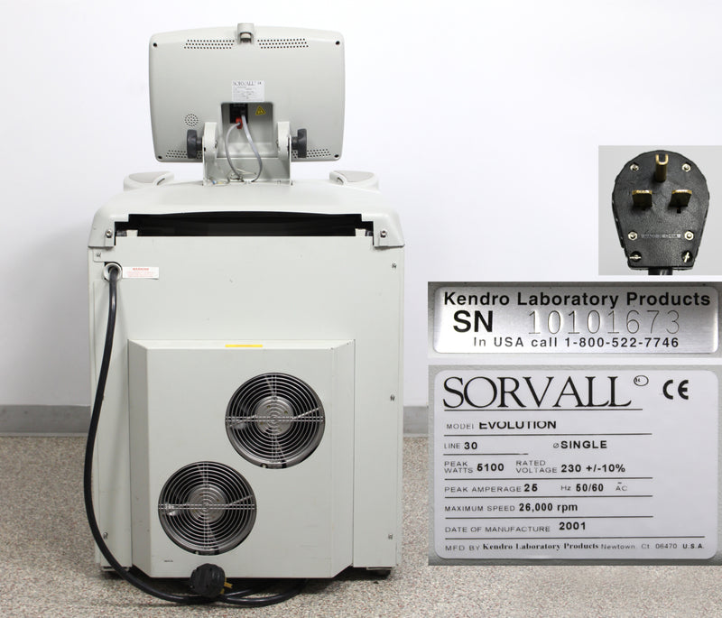 Kendro Sorvall Evolution RC Floor Centrifuge Back Panel, Name Plate with Serial Number and Voltage Requirements, Plug Close Up