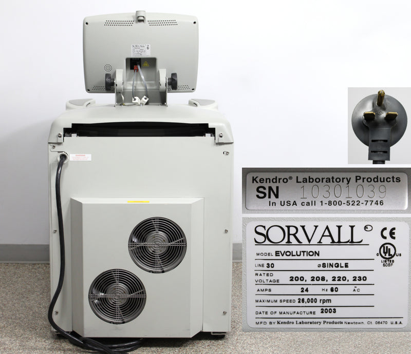 Kendro Sorvall Evolution RC Floor Centrifuge Back Panel, Name Plate with Serial Number and Voltage Requirements, Plug Close Up