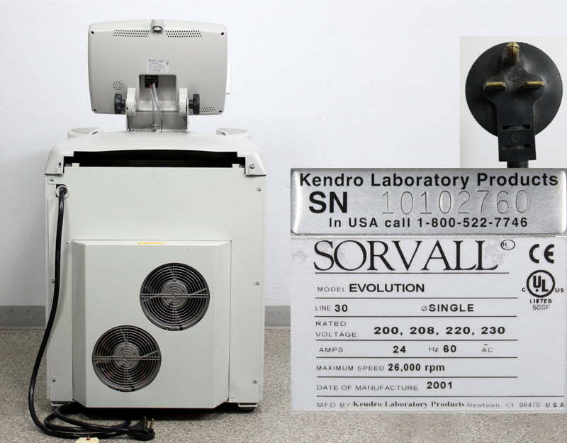 Kendro Sorvall Evolution RC high-speed refrigerated floor centrifuge back panel, name plate with serial number and voltage requirements, plug close up