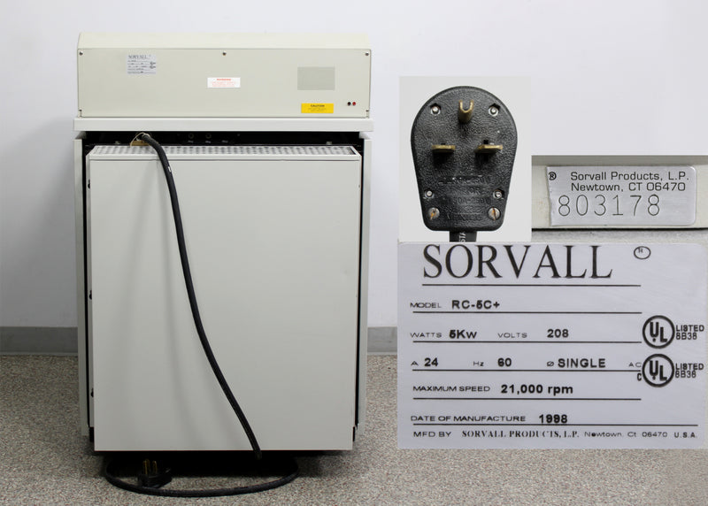 Sorvall RC-5C Plus High-Speed Refrigerated Floor Centrifuge Back Panel, Name Plate with Serial Number and Voltage Requirements, Plug Close Up