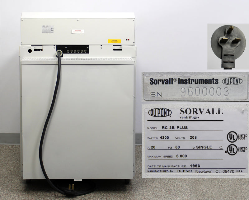 DuPont Sorvall RC-3B Plus High-Capacity Low-Speed Refrigerated Floor Centrifuge Back Panel, Name Plate with Serial Number and Voltage Requirements, Plug Close Up