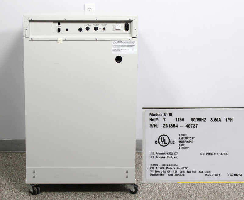 Thermo Scientific Forma 3110 Series II Water Jacketed CO2 Incubator Back Panel, Name Plate with Serial Number and Voltage Requirements