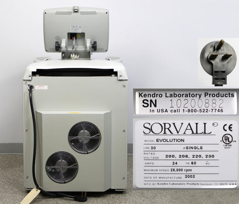 Kendro Sorvall Evolution RC High-Speed Refrigerated Floor Centrifuge Back Panel, Name Plate with Serial Number and Voltage Requirements, Plug Close Up