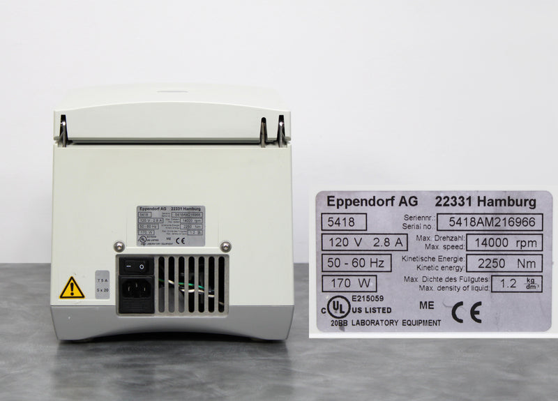 Eppendorf 5418 Benchtop Microcentrifuge back panel, label with serial number