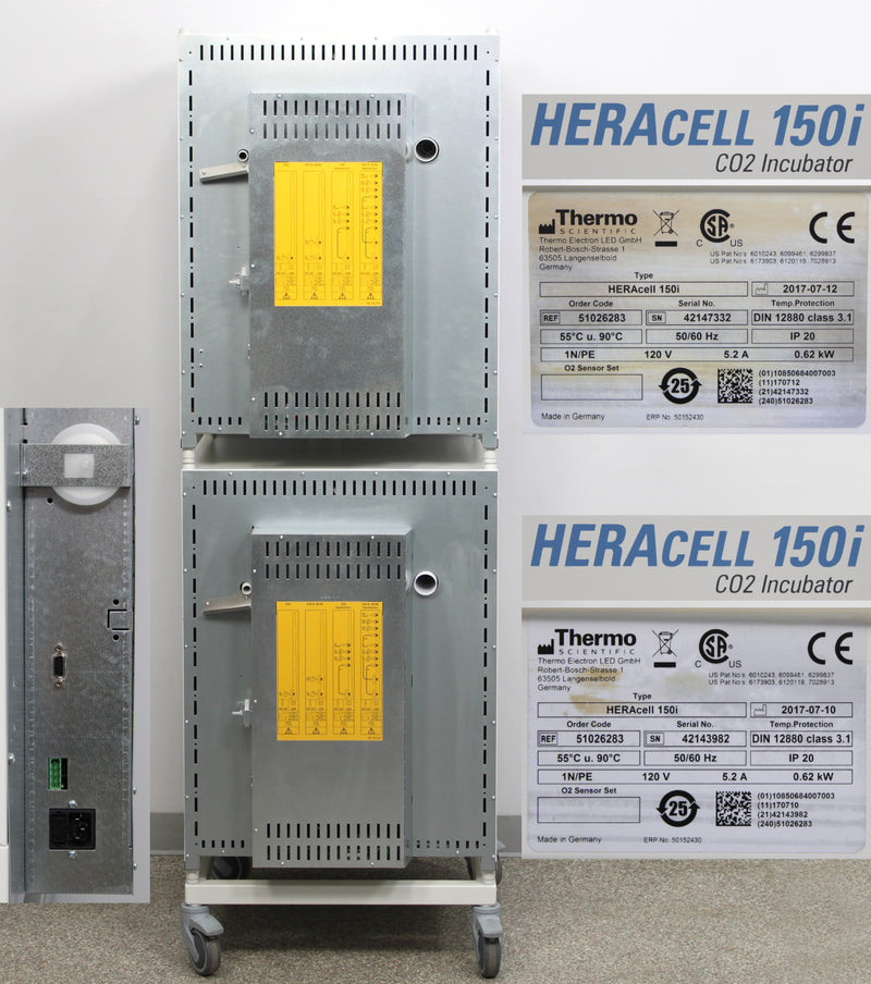 Thermo Scientific HERAcell 150i Copper Lined Stacked CO2 Incubators Back Panel, Name Plates with Serial Numbers and Voltage Requirements, Logos and Ports