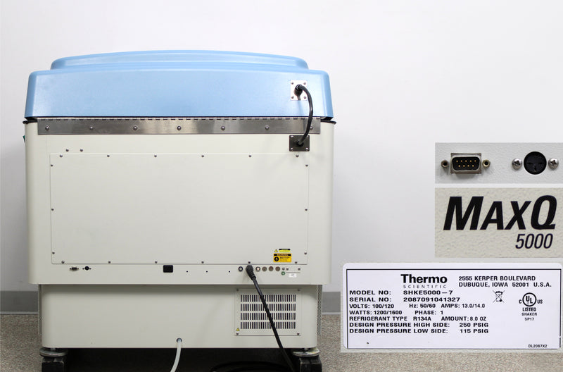 Thermo Scientific MaxQ 5000 Floor Refrigerated Incubator Shaker back panel, label with serial number, port, logo